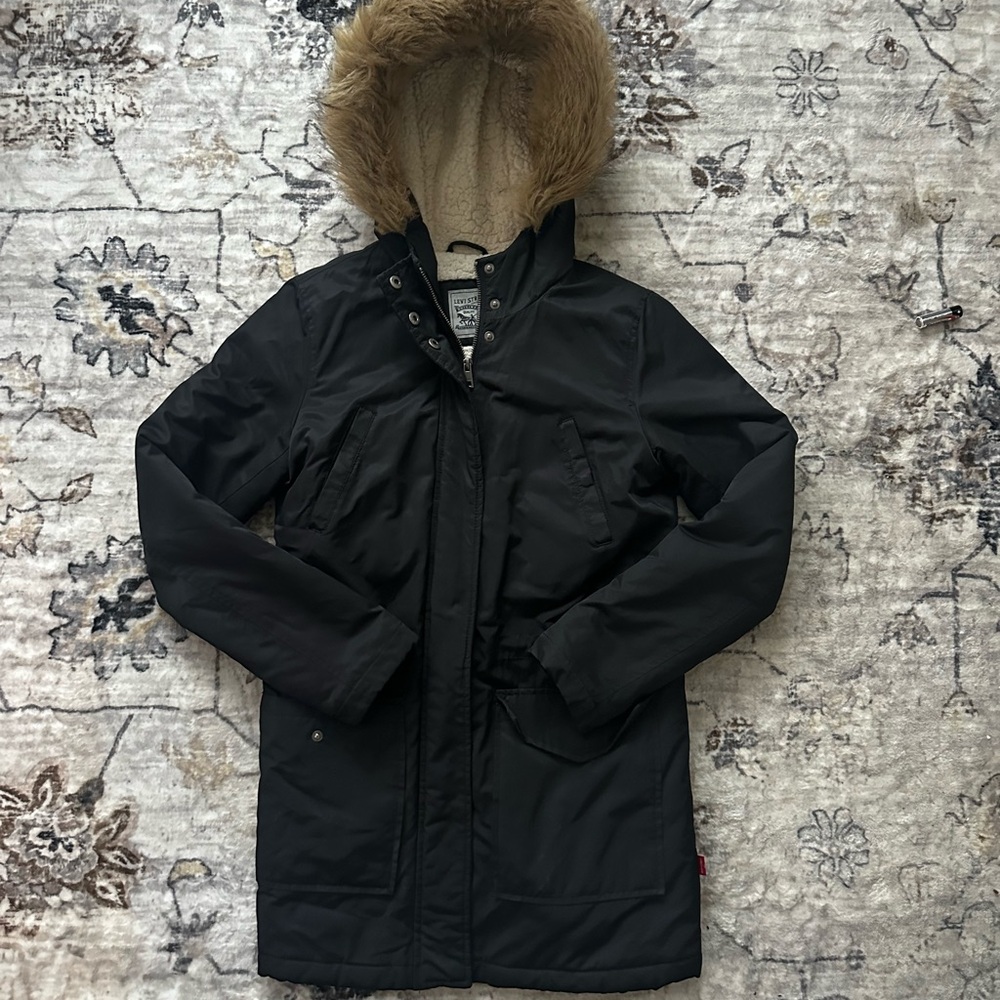 Levi’s Black Quilted Sherpa Lined Winter Coat with Faux Fur Hood